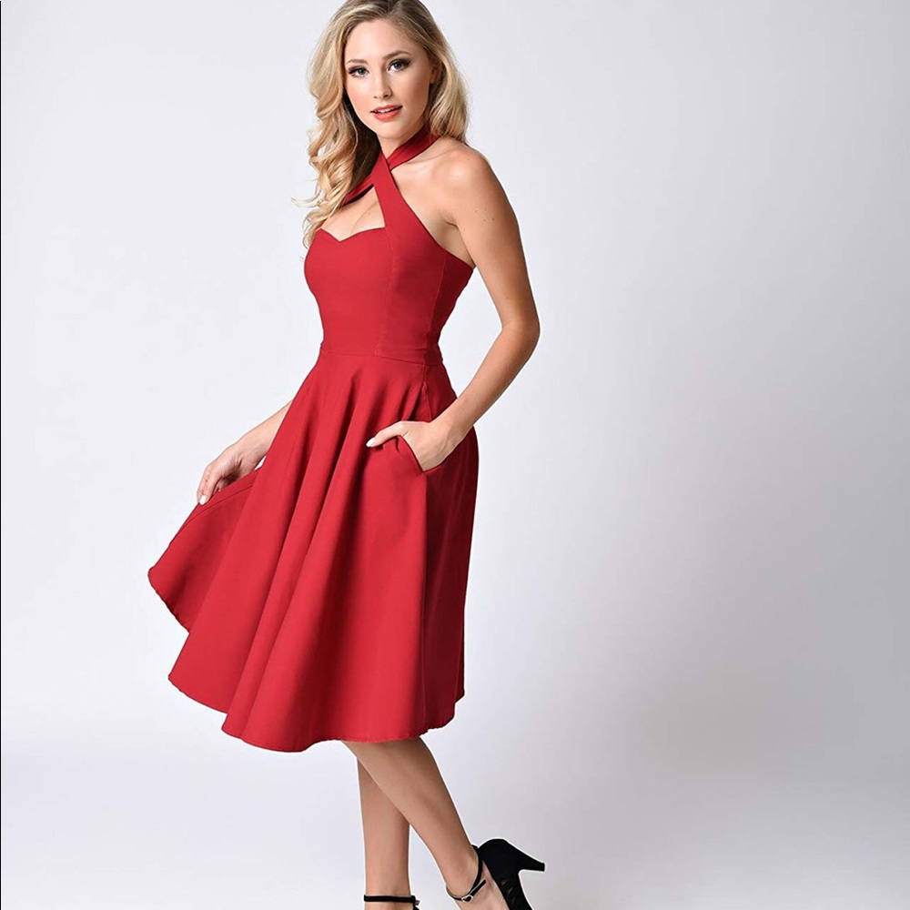 Unique Vintage Criss Cross Halter Flare Dress